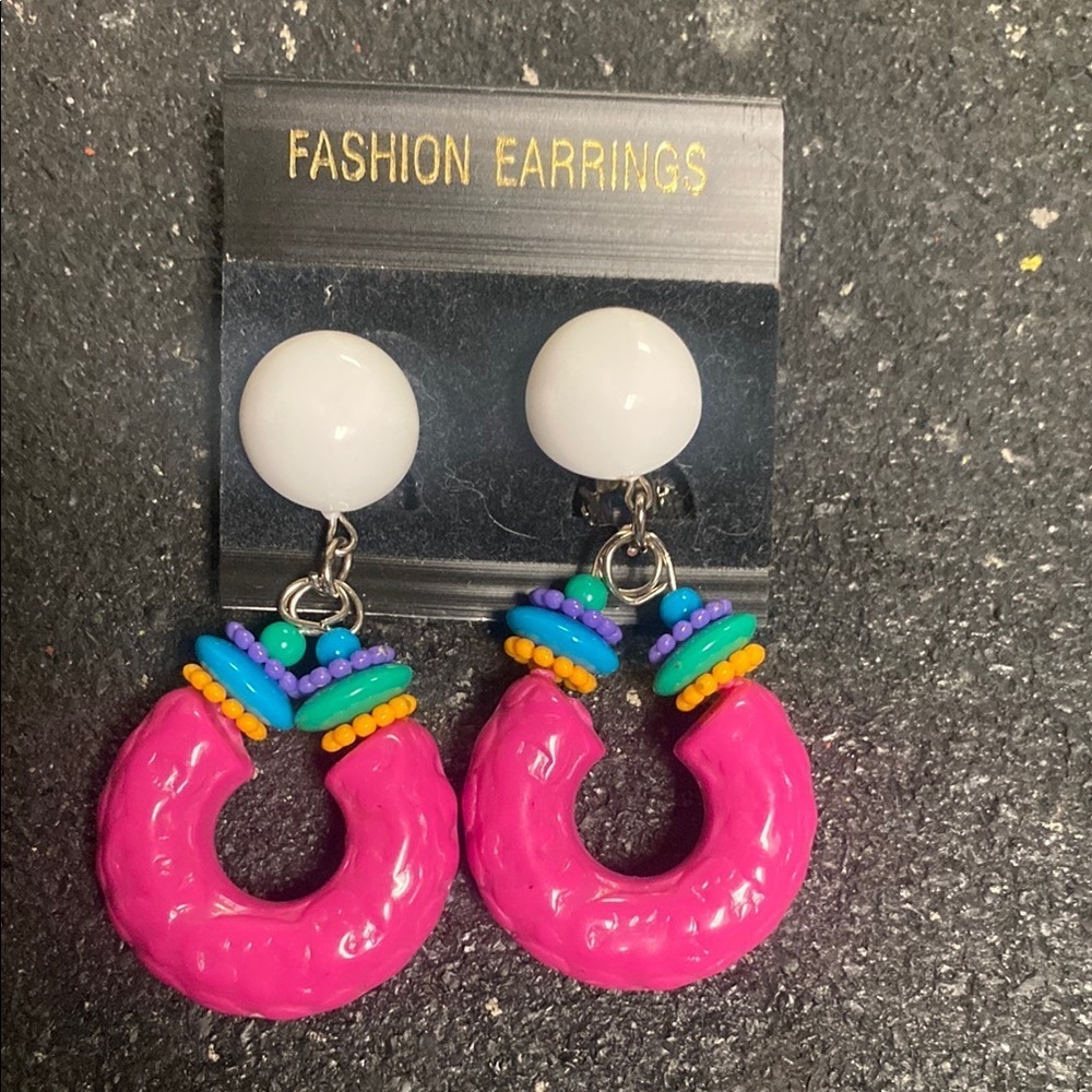 Vibrant Pink Multi Color Lucite Dangle  Earrings